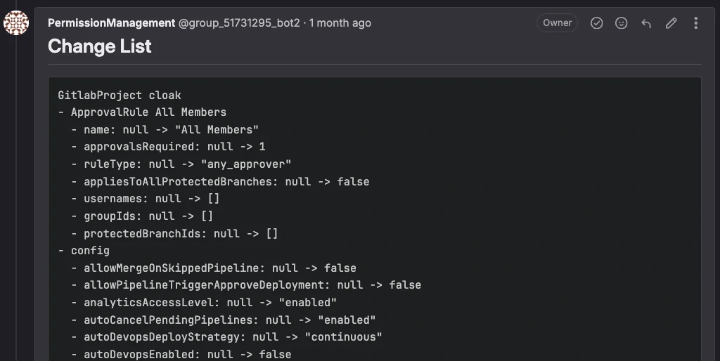 An example showing how default configuration values are defined for GitLab in YAML.